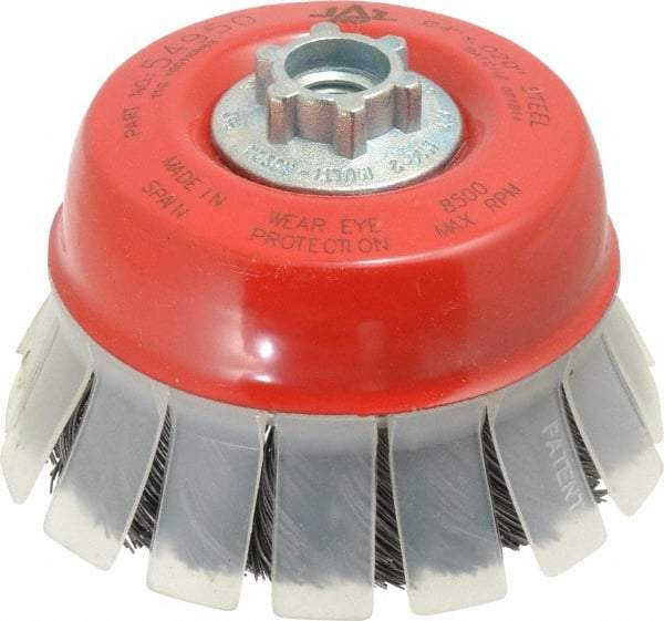 JAZ USA - 4" Diam, 5/8-11 & M14x2.00 Threaded Arbor, Steel Fill Cup Brush - 0.02 Wire Diam, 1-1/8" Trim Length, 8,500 Max RPM - Exact Industrial Supply