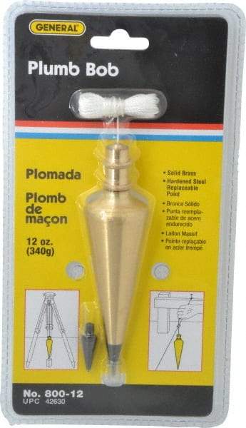 General - 5 Inch Long, 1-3/8 Inch Diameter Brass Plumb Bob - 12 Ounce, Has Replacable Tip - Exact Industrial Supply