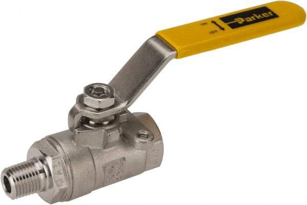 Parker - 1/4" Pipe, Full Port, Stainless Steel Standard Ball Valve - 2 Piece, Inline - One Way Flow, MNPT x FNPT Ends, Lever Handle, 2,000 WOG, 150 WSP - Exact Industrial Supply