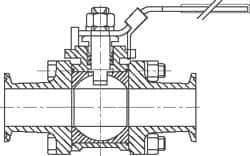 VNE - 1-1/2" Pipe, Full Port, Stainless Steel Sanitary Ball Valve - 3 Piece, Three Way, Clamp x Clamp x Clamp Ends, Locking Lever Handle, 1,000 WOG - Exact Industrial Supply