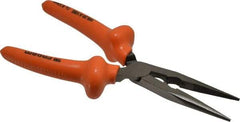 Facom - 8-9/32" OAL, 2-23/32" Jaw Length x 1-3/8" Jaw Width, Long Nose Side Cutting Burnished Insulated Pliers - Serrated Jaw, Half Round Nose Head, Plastic Coated Handles - Exact Industrial Supply