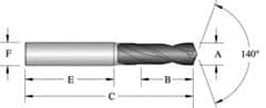 Screw Machine Length Drill Bit: 0.5512″ Dia, 140 °, Solid Carbide Bright/Uncoated, Right Hand Cut, Spiral Flute, Straight-Cylindrical Shank, Series ASC320