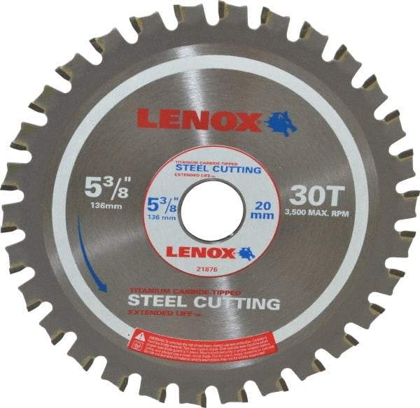 Lenox - 5-3/8" Diam, 20mm Arbor Hole Diam, 30 Tooth Wet & Dry Cut Saw Blade - Titanium Carbide-Tipped, General Purpose Action, Standard Round Arbor - Exact Industrial Supply