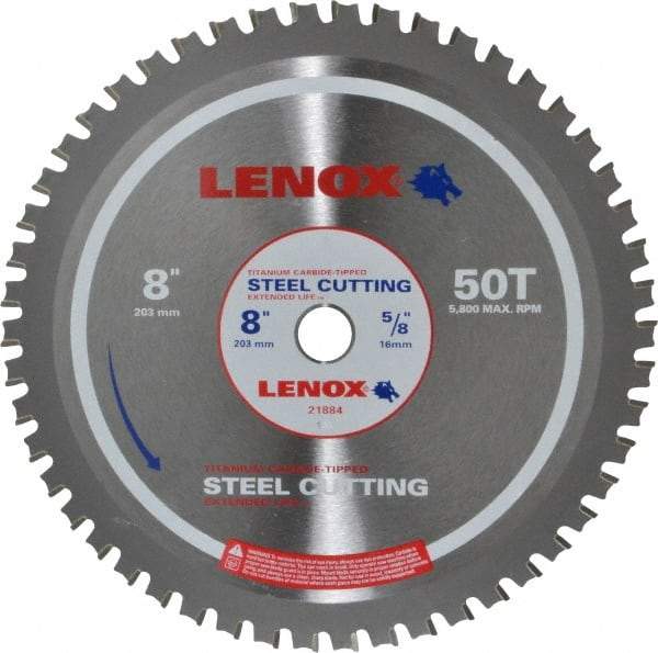 Lenox - 8" Diam, 5/8" Arbor Hole Diam, 50 Tooth Wet & Dry Cut Saw Blade - Titanium Carbide-Tipped, General Purpose Action, Standard Round Arbor - Exact Industrial Supply