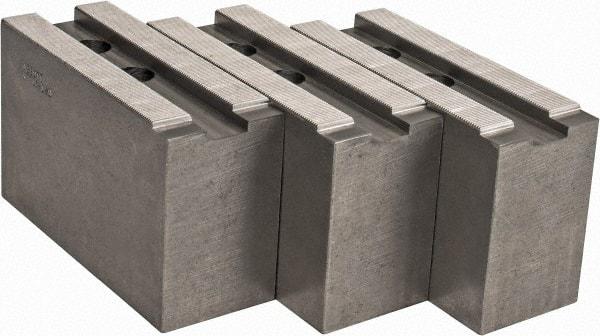 Abbott Workholding Products - 15 to 18" Chuck Capacity, 1.5mm x 60° Serrated Attachment, Square Soft Lathe Chuck Jaw - 3 Jaws, Steel, 1.6929" Btw Mount Hole Ctrs, 6-1/2" Long x 2-1/2" Wide x 4" High, 0.8661" Groove, 0.7874" & 20mm Fastener - Exact Industrial Supply