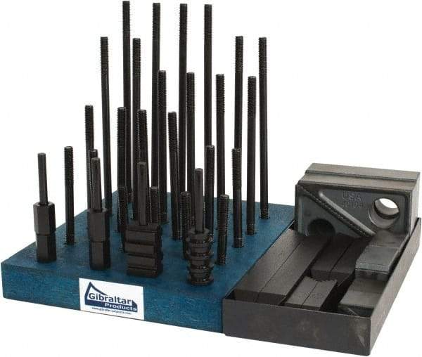 Gibraltar - 50 Piece Fixturing Step Block & Clamp Set with 1" Step Block, 7/16" T-Slot, 3/8-16 Stud Thread - 11/16" Nut Width, 3, 4, 5, 6, 7 & 8" Stud Lengths - Exact Industrial Supply