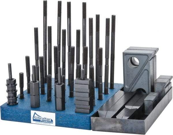Gibraltar - 50 Piece Fixturing Step Block & Clamp Set with 1" Step Block, 1/2" T-Slot, 3/8-16 Stud Thread - 7/8" Nut Width, 3, 4, 5, 6, 7 & 8" Stud Lengths - Exact Industrial Supply