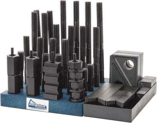 Gibraltar - 50 Piece Fixturing Step Block & Clamp Set with 1" Step Block, 11/16" T-Slot, 5/8-11 Stud Thread - 1-1/8" Nut Width, 3, 4, 5, 6, 7 & 8" Stud Lengths - Exact Industrial Supply