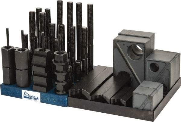 Gibraltar - 50 Piece Fixturing Step Block & Clamp Set with 1-1/2" Step Block, 13/16" T-Slot, 3/4-10 Stud Thread - 1-1/4" Nut Width, 3, 4, 5, 6, 7 & 8" Stud Lengths - Exact Industrial Supply