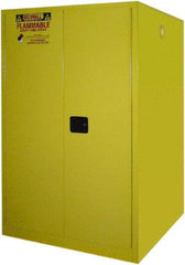 Securall Cabinets - 43" Wide x 31" Deep x 65" High, 18 Gauge Steel Vertical Drum Cabinet with 3 Point Key Lock - Yellow, Manual Closing Door, 1 Shelf, 2 Drums, Drum Rollers Included - Exact Industrial Supply