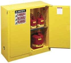 Justrite - 2 Door, 1 Shelf, Yellow Steel Standard Safety Cabinet for Flammable and Combustible Liquids - 44" High x 43" Wide x 18" Deep, Self Closing Door, 3 Point Key Lock, 30 Gal Capacity - Exact Industrial Supply