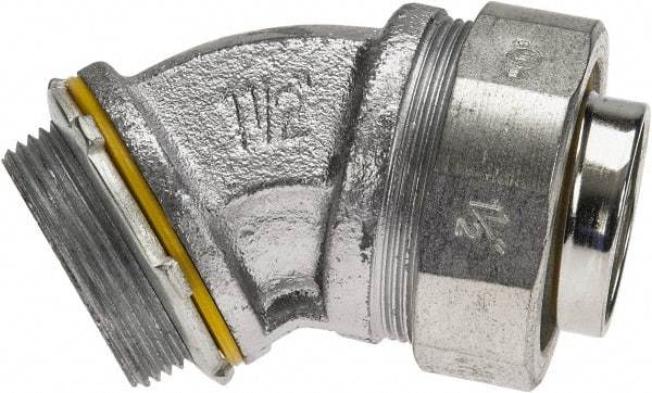 Cooper Crouse-Hinds - 1-1/2" Trade, Malleable Iron Threaded Angled Liquidtight Conduit Connector - Noninsulated - Exact Industrial Supply