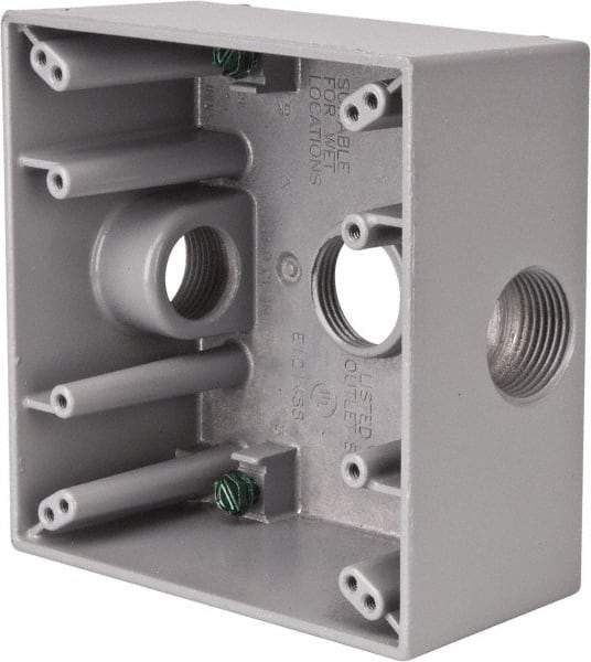 Cooper Crouse-Hinds - 2 Gang, (3) 3/4" Knockouts, Aluminum Rectangle Outlet Box - 4-9/16" Overall Height x 4-5/8" Overall Width x 2-1/16" Overall Depth, Weather Resistant - Exact Industrial Supply