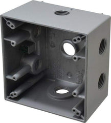 Cooper Crouse-Hinds - 2 Gang, (7) 1/2" Knockouts, Aluminum Square Outlet Box - 4-1/2" Overall Height x 4-1/2" Overall Width x 2-21/32" Overall Depth, Weather Resistant - Exact Industrial Supply