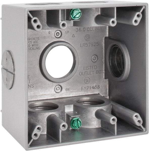 Cooper Crouse-Hinds - 2 Gang, (7) 1" Knockouts, Aluminum Square Outlet Box - 4-1/2" Overall Height x 4-1/2" Overall Width x 2-21/32" Overall Depth, Weather Resistant - Exact Industrial Supply