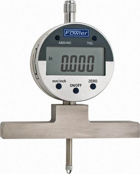 Fowler - 0" to 22" Alloy Steel Electronic Depth Gage - 0.0008" Accuracy, 0.01mm Resolution, 4" Base Length - Exact Industrial Supply