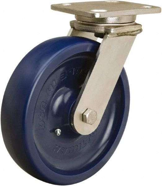 Hamilton - 8" Diam x 2" Wide x 9-1/2" OAH Top Plate Mount Swivel Caster - Polyurethane, 1,000 Lb Capacity, Delrin Bearing, 4 x 5" Plate - Exact Industrial Supply