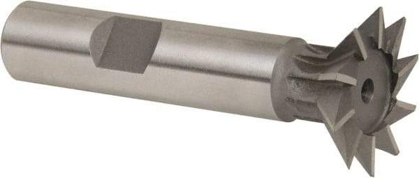 Whitney Tool Co. - 1" Diam x 1/4" Width of Cut, 45° Included Angle, High Speed Steel Dovetail Cutter - 1/2" Shank Diam, 2-1/2" Shank Length, 2-1/2" Overall Length, Weldon Flat, Uncoated - Exact Industrial Supply