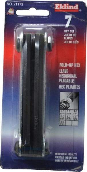 Eklind - 7 Piece Fold-Up Hex Key Set - Hex Range 2 to 8mm, Alloy Steel - Exact Industrial Supply