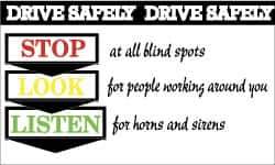 NMC - Drive Safely - Stop at All Blind Spots, Look for People Working Around You, Listen for Horns and Sirens, 60 Inch Long x 36 Inch High, Safety Banner - Polyethylene, English, Printed on 1 Side - Exact Industrial Supply