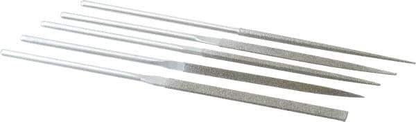 Strauss - 5 Piece Diamond Pattern File Set - 5-1/2" Long, Medium Coarseness, Round Handle, Set Includes Equalling, Half Round, Round, Square, Three Square - Exact Industrial Supply