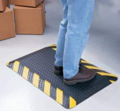 Wearwell - 75' Long x 4' Wide, Dry Environment, Anti-Fatigue Matting - Black with Yellow Chevron Borders, Vinyl with Nitrile Blend Base, Beveled on 4 Sides - Exact Industrial Supply