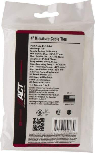 Made in USA - 4-1/8" Long Natural (Color) Nylon Standard Cable Tie - 18 Lb Tensile Strength, 1.07mm Thick, 22.23mm Max Bundle Diam - Exact Industrial Supply