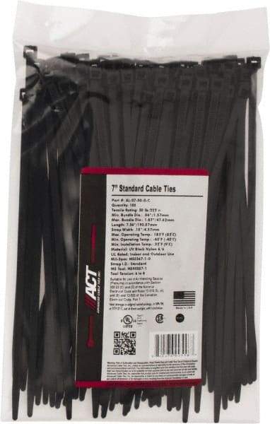 Made in USA - 7.562" Long Black Nylon Standard Cable Tie - 50 Lb Tensile Strength, 1.32mm Thick, 47.63mm Max Bundle Diam - Exact Industrial Supply