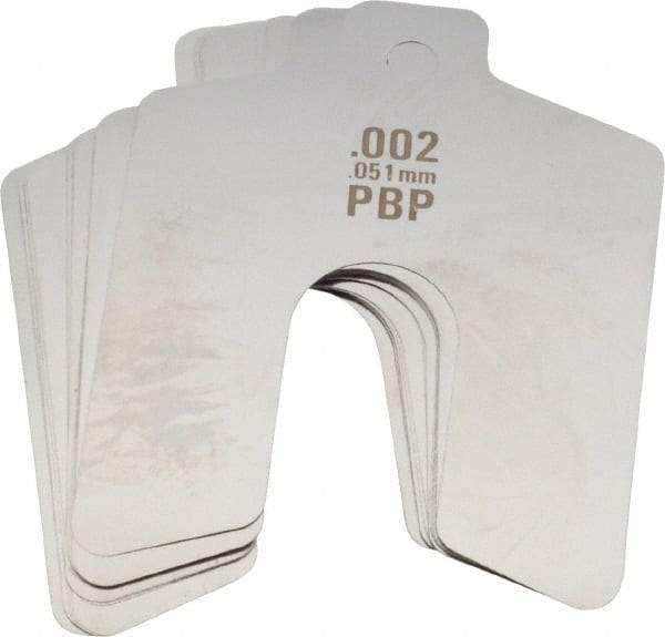 Made in USA - 20 Piece, 2 Inch Long x 2 Inch Wide x 0.002 Inch Thick, Slotted Shim Stock - Stainless Steel, 5/8 Inch Wide Slot - Exact Industrial Supply