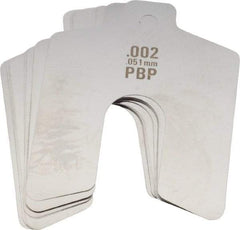 Made in USA - 20 Piece, 2 Inch Long x 2 Inch Wide x 0.002 Inch Thick, Slotted Shim Stock - Stainless Steel, 5/8 Inch Wide Slot - Exact Industrial Supply