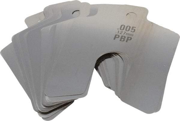 Made in USA - 20 Piece, 2 Inch Long x 2 Inch Wide x 0.005 Inch Thick, Slotted Shim Stock - Stainless Steel, 5/8 Inch Wide Slot - Exact Industrial Supply