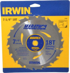 Irwin - 7-1/4" Diam, 5/8" Arbor Hole Diam, 18 Tooth Wet & Dry Cut Saw Blade - Carbide-Tipped, Framing & Ripping Action, Diamond Arbor - Exact Industrial Supply