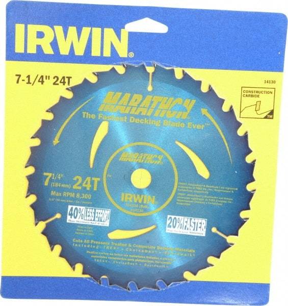 Irwin - 7-1/4" Diam, 5/8" Arbor Hole Diam, 24 Tooth Wet & Dry Cut Saw Blade - Carbide-Tipped, General Purpose Action, Diamond Arbor - Exact Industrial Supply