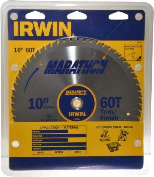 Irwin - 10" Diam, 5/8" Arbor Hole Diam, 60 Tooth Wet & Dry Cut Saw Blade - Carbide-Tipped, Finishing & Trimming Action, Standard Round Arbor - Exact Industrial Supply