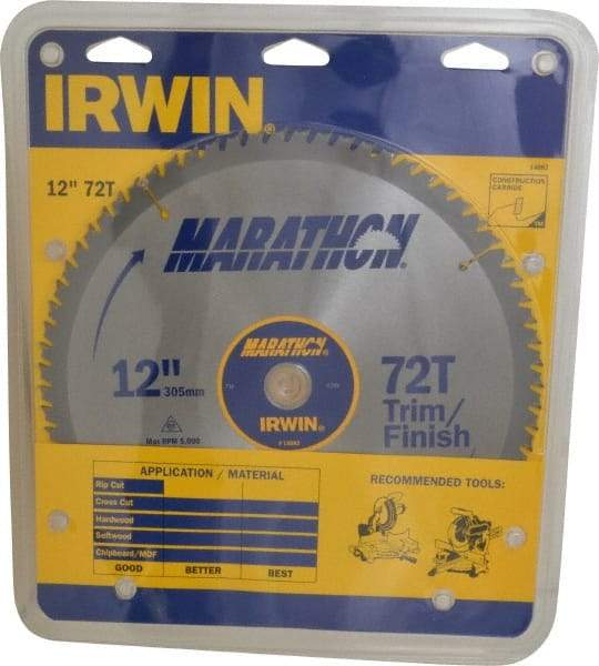 Irwin - 12" Diam, 1" Arbor Hole Diam, 72 Tooth Wet & Dry Cut Saw Blade - Carbide-Tipped, Finishing & Trimming Action, Standard Round Arbor - Exact Industrial Supply