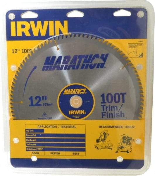 Irwin - 12" Diam, 1" Arbor Hole Diam, 100 Tooth Wet & Dry Cut Saw Blade - Carbide-Tipped, Finishing & Trimming Action, Standard Round Arbor - Exact Industrial Supply