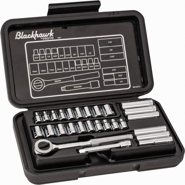 Blackhawk by Proto - 27 Piece 1/4" Drive Deep Well Socket Set - 6, 12 Points, 3/16" to 1/2" (4mm to 13mm) Range, Inch/Metric Measurement Standard - Exact Industrial Supply