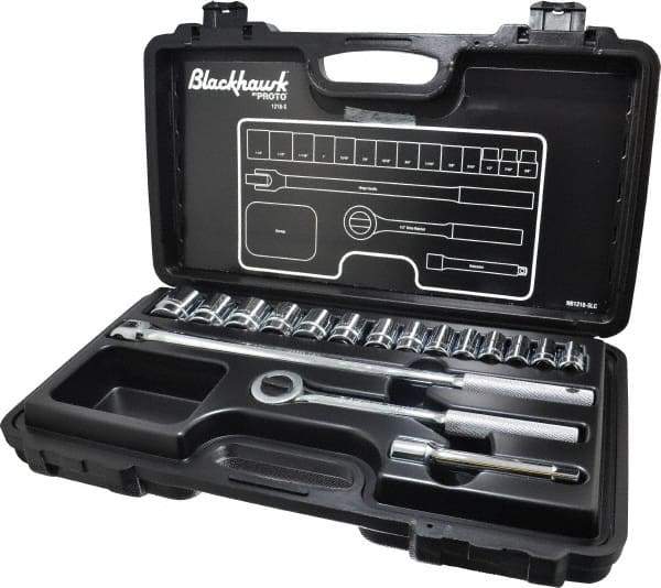 Blackhawk by Proto - 17 Piece 1/2" Drive Socket Set - 6 Points, 3/8" to 1-1/4" Range, Inch Measurement Standard - Exact Industrial Supply