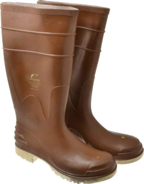OnGuard - Size 8 Steel Knee Boot - Brown, PVC Upper, 16" High, Chemical Resistant, Non-Slip - Exact Industrial Supply