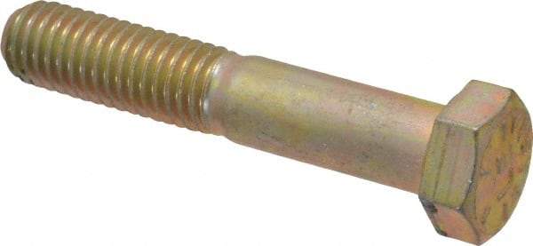 Made in USA - 1/2-13 UNC, 2-3/4" Length Under Head Hex Head Cap Screw - Partially Threaded, Grade 8 Alloy Steel, Zinc Yellow Dichromate Finish, 3/4" Hex - Exact Industrial Supply