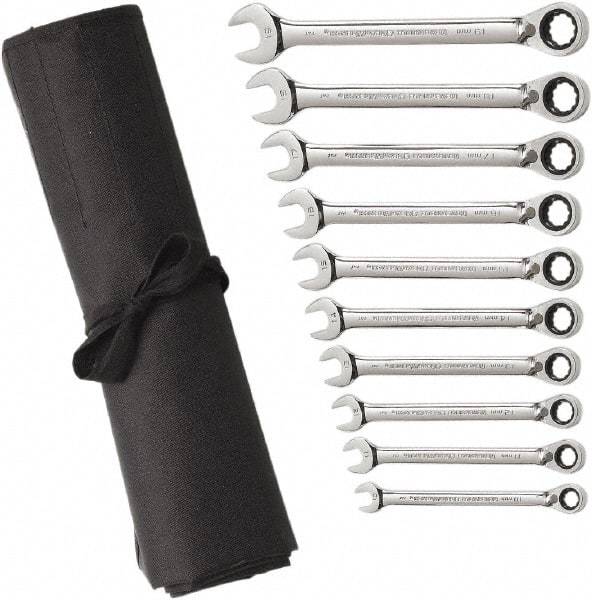 GearWrench - 10 Piece, 10mm to 19mm, 6 Point Combination Wrench Set - Metric Measurement Standard, Chrome Finish, Comes in Vinyl Pouch - Exact Industrial Supply