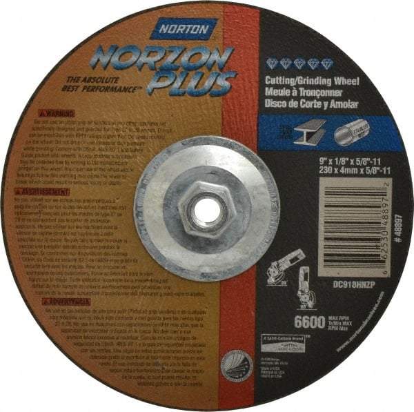 Norton - 9" Wheel Diam, 1/8" Wheel Thickness, Type 27 Depressed Center Wheel - Ceramic, 6,600 Max RPM, Compatible with Angle Grinder - Exact Industrial Supply