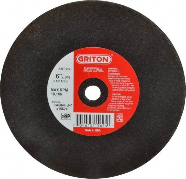 Made in USA - 6" 46 Grit Aluminum Oxide Cutoff Wheel - 1/16" Thick, 1/2" Arbor, 10,186 Max RPM, Use with Circular Saws - Exact Industrial Supply