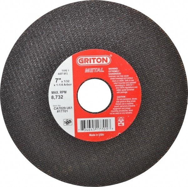Value Collection - 7" 60 Grit Aluminum Oxide Cutoff Wheel - 1/32" Thick, 1-1/4" Arbor, 8,732 Max RPM, Use with Stationary Tools - Exact Industrial Supply