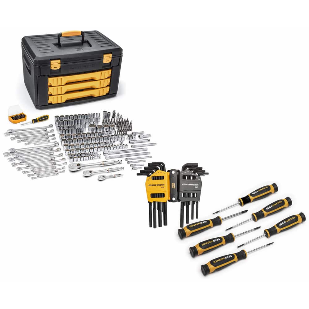 Combination Hand Tool Sets; Set Type: Master Tool Set; Container Type: Blow Mold Case; Measurement Type: Inch & Metric; Includes: #1 Phillips Screwdriver; Full Polish Chrome 1/4″, 3/8″ & 1/2″ Standard Sockets; 1.5 Slotted; 3-Drawer Storage Box w/Independe