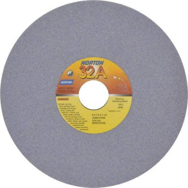Norton - 8" Diam x 1-1/4" Hole x 1/4" Thick, K Hardness, 80 Grit Surface Grinding Wheel - Aluminum Oxide, Type 1, Medium Grade, 3,600 Max RPM, Vitrified Bond, No Recess - Exact Industrial Supply