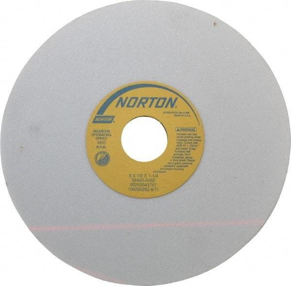 Norton - 8" Diam x 1-1/4" Hole x 1/2" Thick, I Hardness, 60 Grit Surface Grinding Wheel - Aluminum Oxide, Type 1, Medium Grade, 3,600 Max RPM, Vitrified Bond, No Recess - Exact Industrial Supply