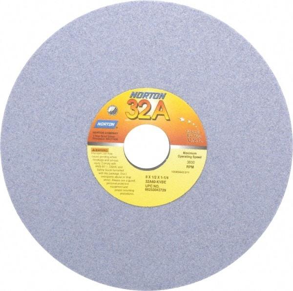 Norton - 8" Diam x 1-1/4" Hole x 1/2" Thick, K Hardness, 60 Grit Surface Grinding Wheel - Aluminum Oxide, Type 1, Medium Grade, 3,600 Max RPM, Vitrified Bond, No Recess - Exact Industrial Supply