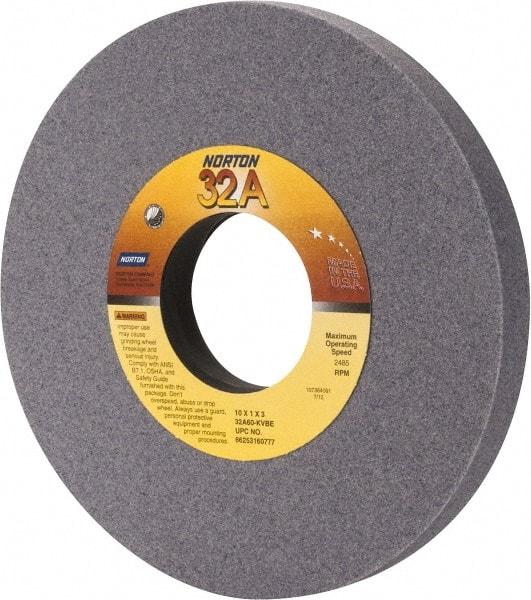 Norton - 10" Diam x 3" Hole x 1" Thick, K Hardness, 60 Grit Surface Grinding Wheel - Aluminum Oxide, Type 1, Medium Grade, 2,485 Max RPM, Vitrified Bond, No Recess - Exact Industrial Supply