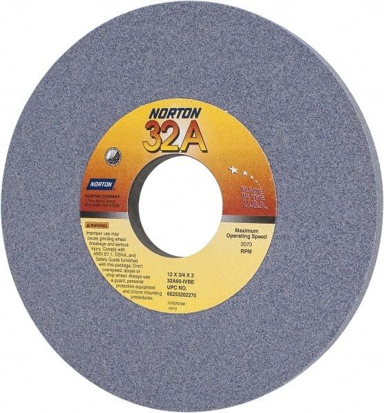 Norton - 12" Diam x 3" Hole x 3/4" Thick, I Hardness, 60 Grit Surface Grinding Wheel - Aluminum Oxide, Type 1, Medium Grade, 2,070 Max RPM, Vitrified Bond, No Recess - Exact Industrial Supply